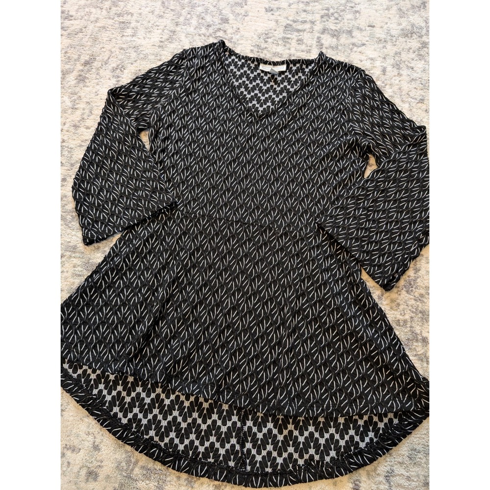 Dana Buchman Black White Textured Peplum Blouse 3/4 Bell Sleeves Women's Medium